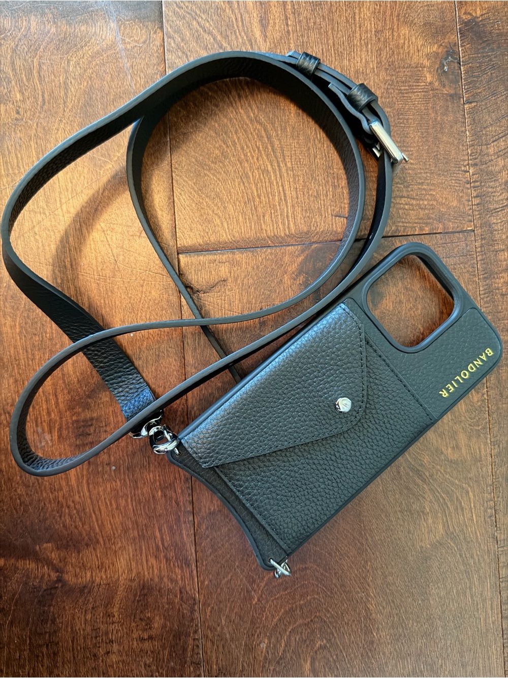 Bandolier Black Pebbled Leather Crossbody Phone Case with Card Pocket